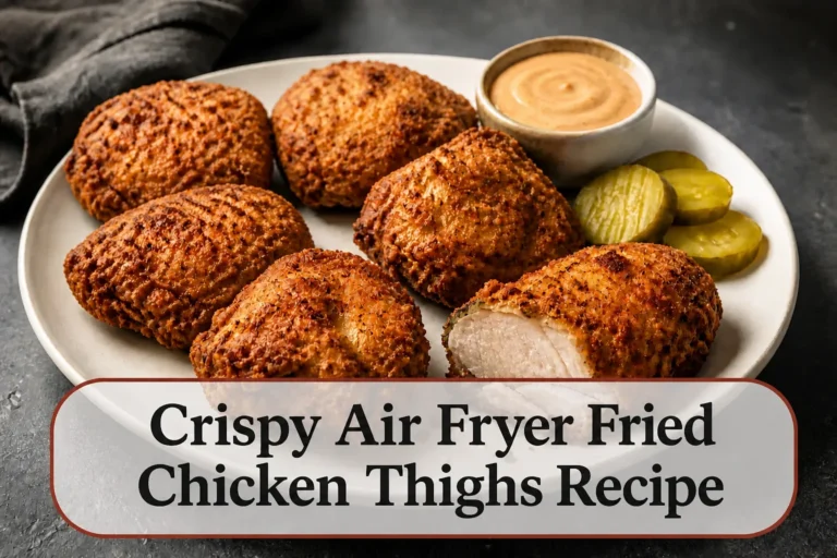 Air fryer fried chicken thighs with title reading Crispy Air Fryer Fried Chicken Thighs Recipe