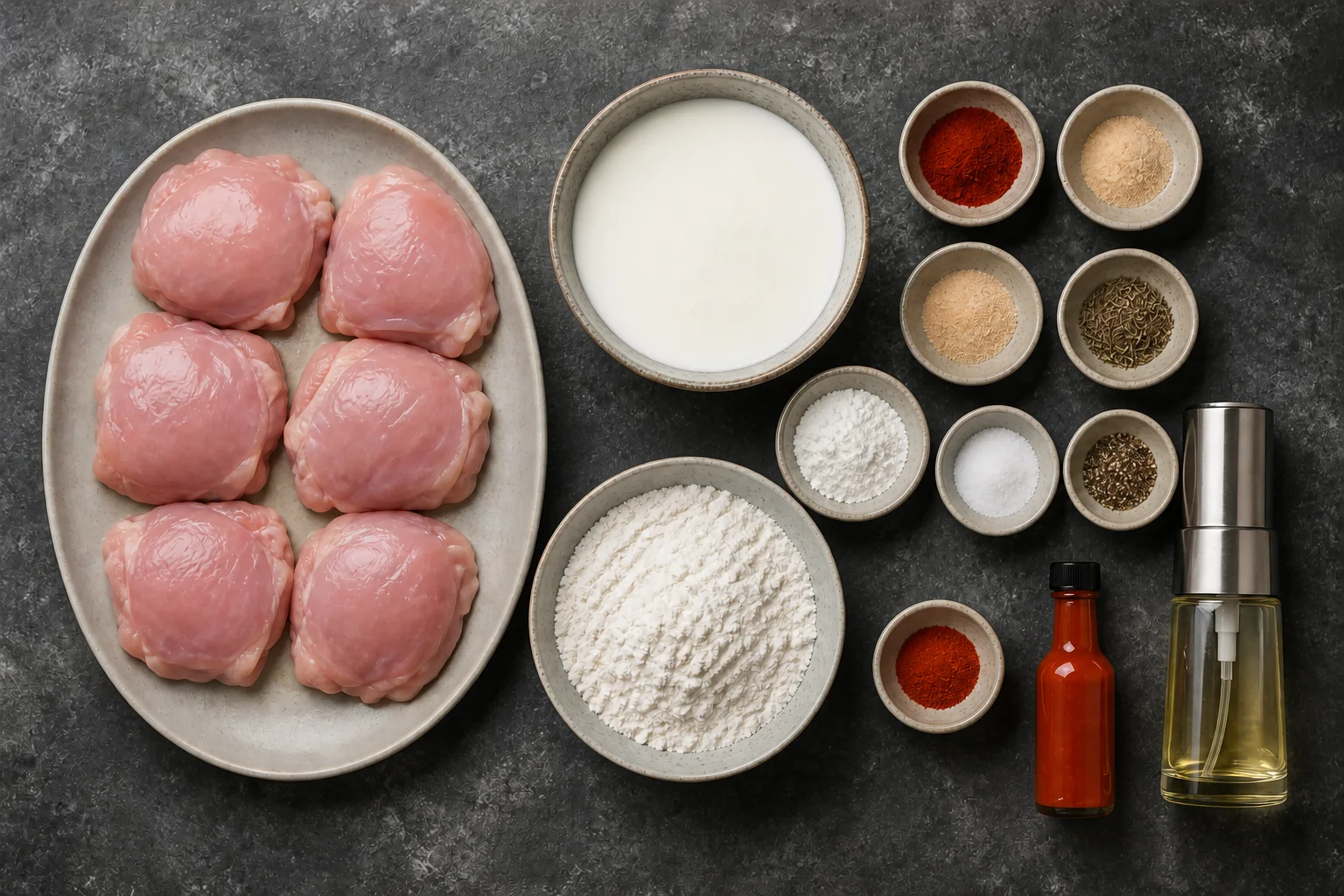 Boneless chicken thighs, buttermilk, flour, cornstarch and seasonings for air fryer fried chicken