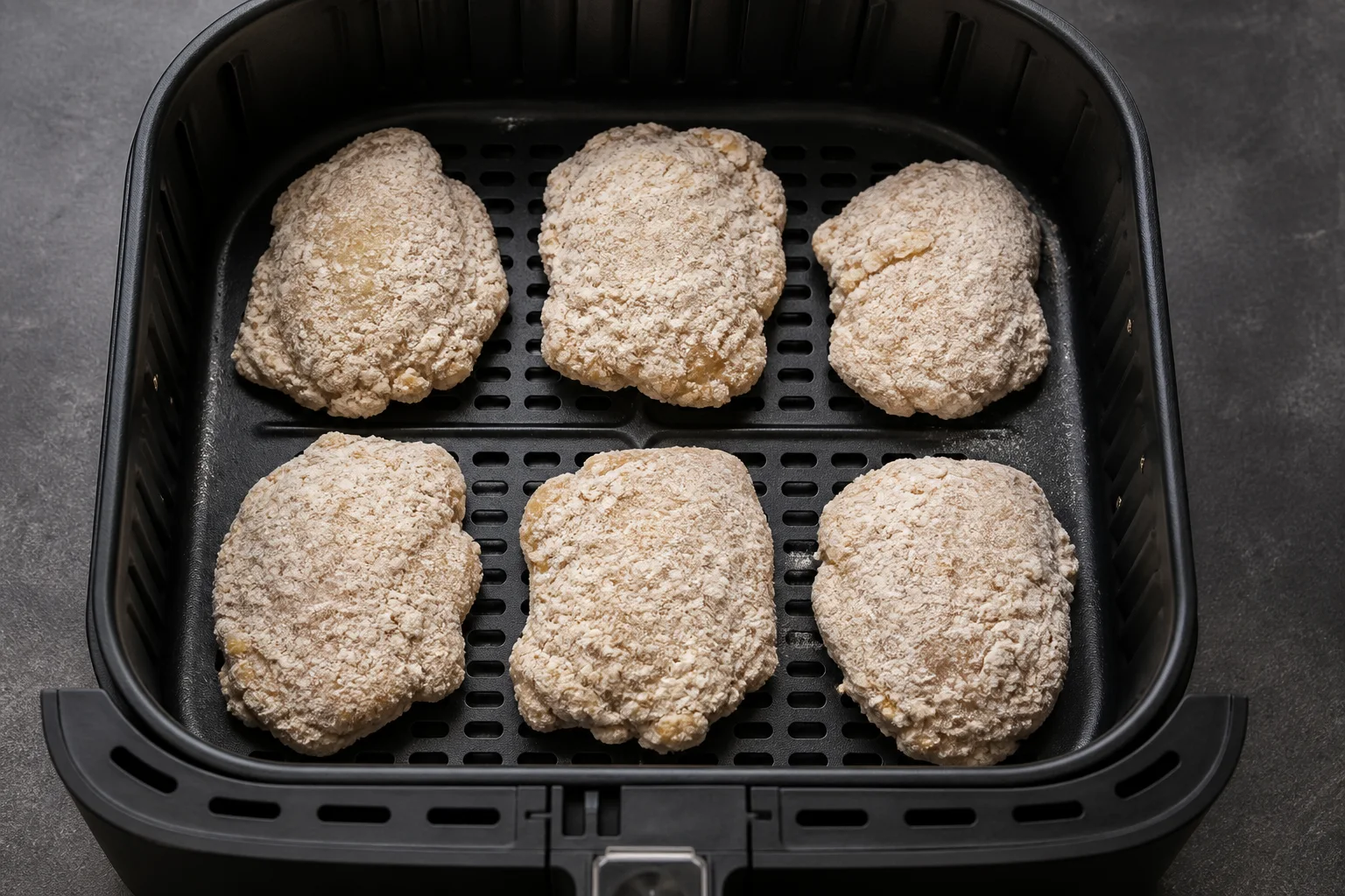 Six breaded boneless chicken thighs arranged in a single layer in an air fryer basket