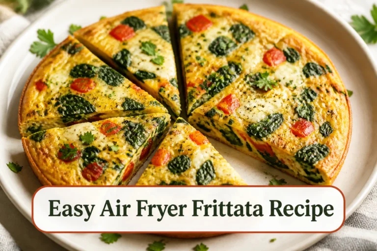 Golden small frittata sliced into wedges with spinach, red pepper and cheese visible, served on a cream plate with herbs.; title text reads Easy Air Fryer Frittata Recipe