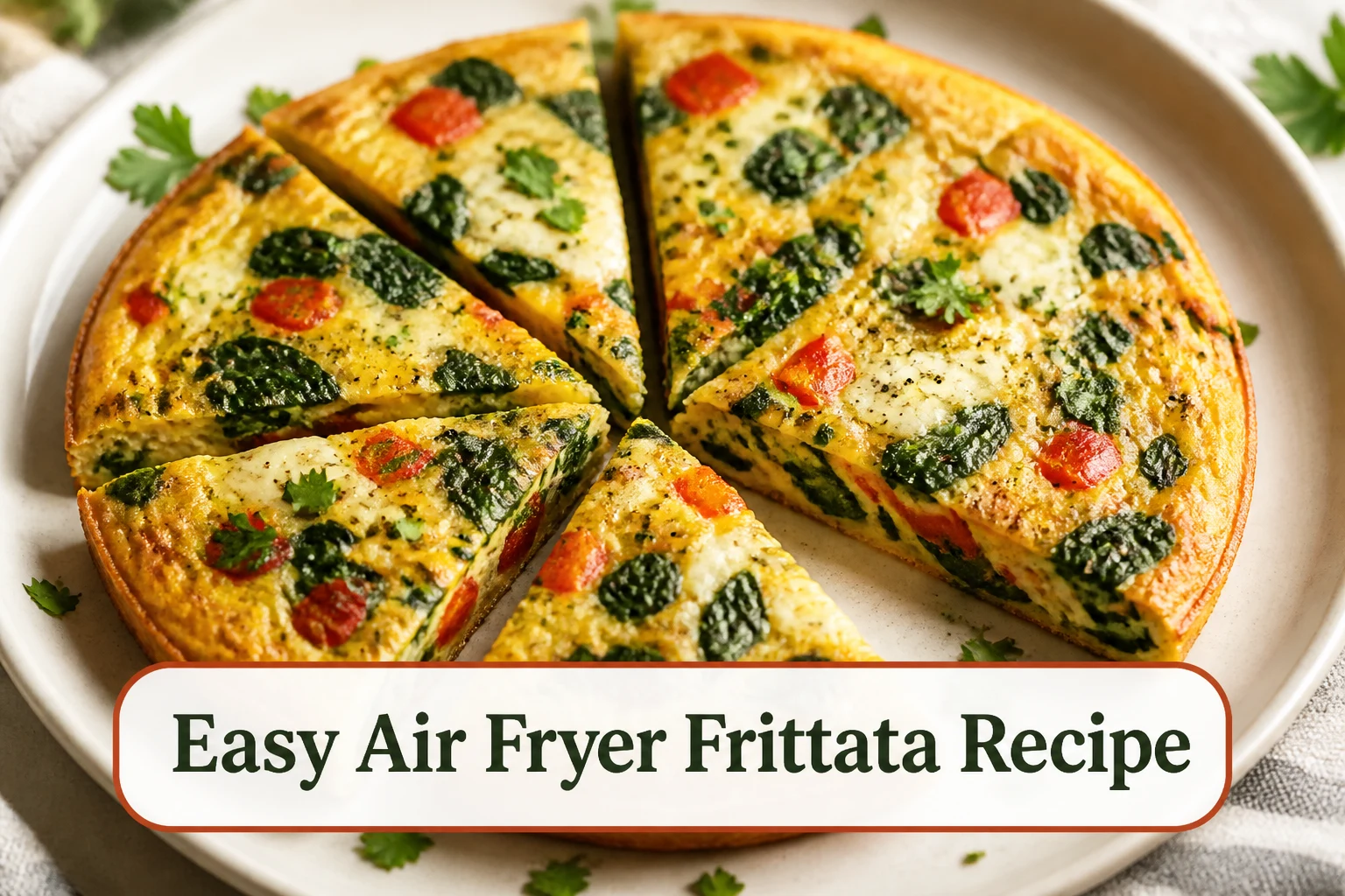 Golden small frittata sliced into wedges with spinach, red pepper and cheese visible, served on a cream plate with herbs.; title text reads Easy Air Fryer Frittata Recipe