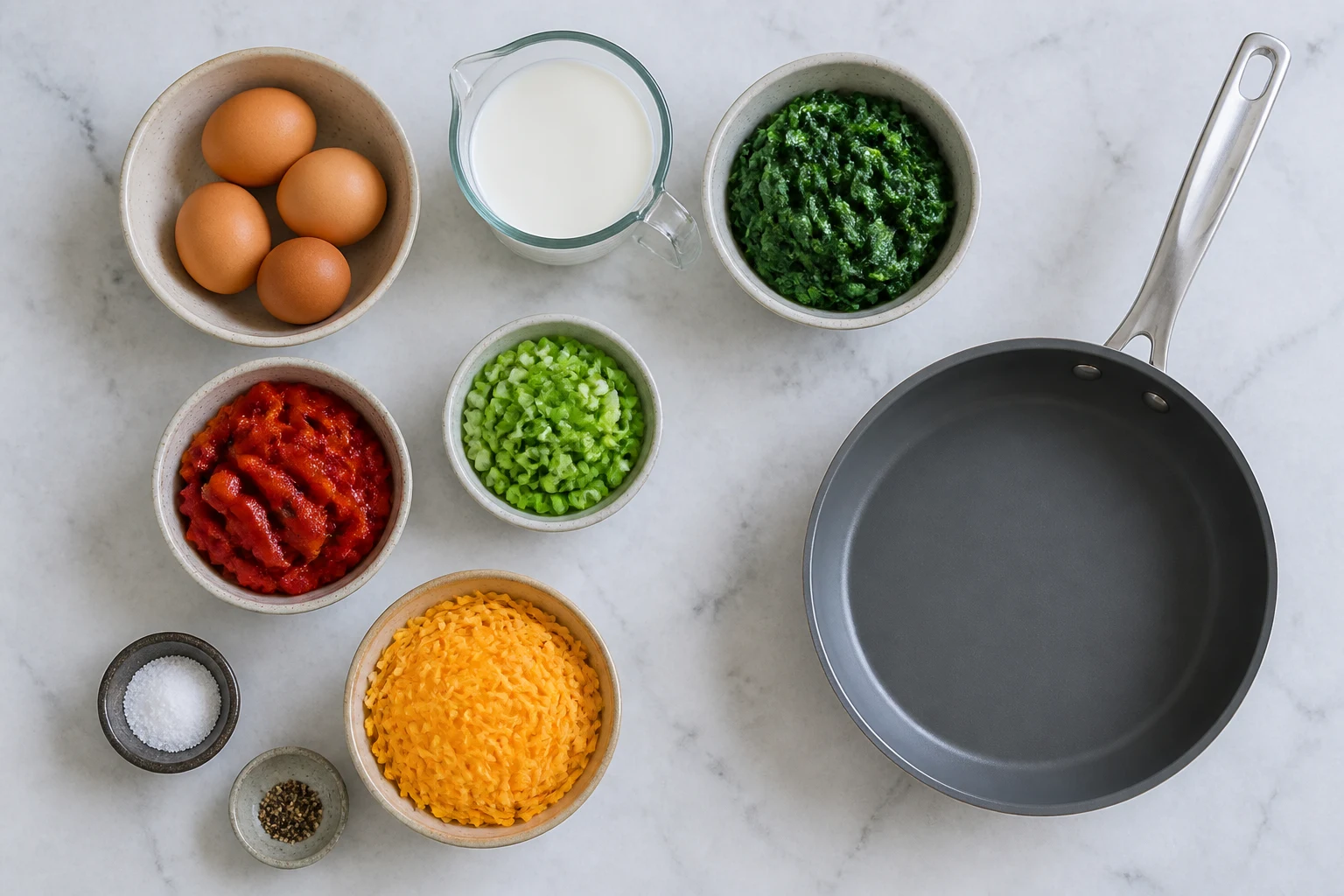 Eggs, milk, cooked spinach, roasted red pepper, scallions, cheddar, salt and pepper beside a 7-inch pan.