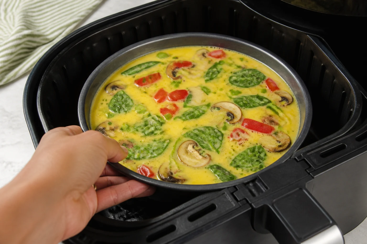 Uncooked frittata mixture in a greased round pan being placed inside an air-fryer basket.