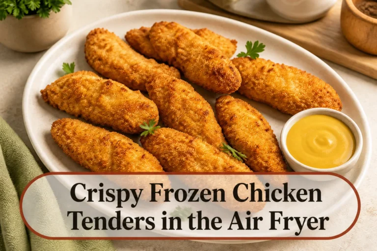Crispy breaded chicken tenders with title reading Crispy Frozen Chicken Tenders in the Air Fryer