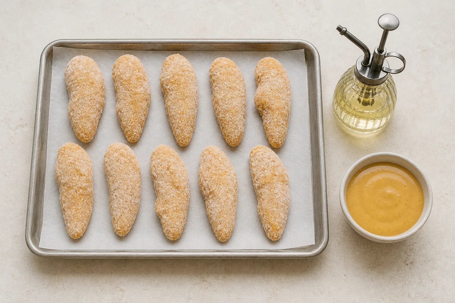 Frozen breaded chicken tenders with optional oil spray and dipping sauce