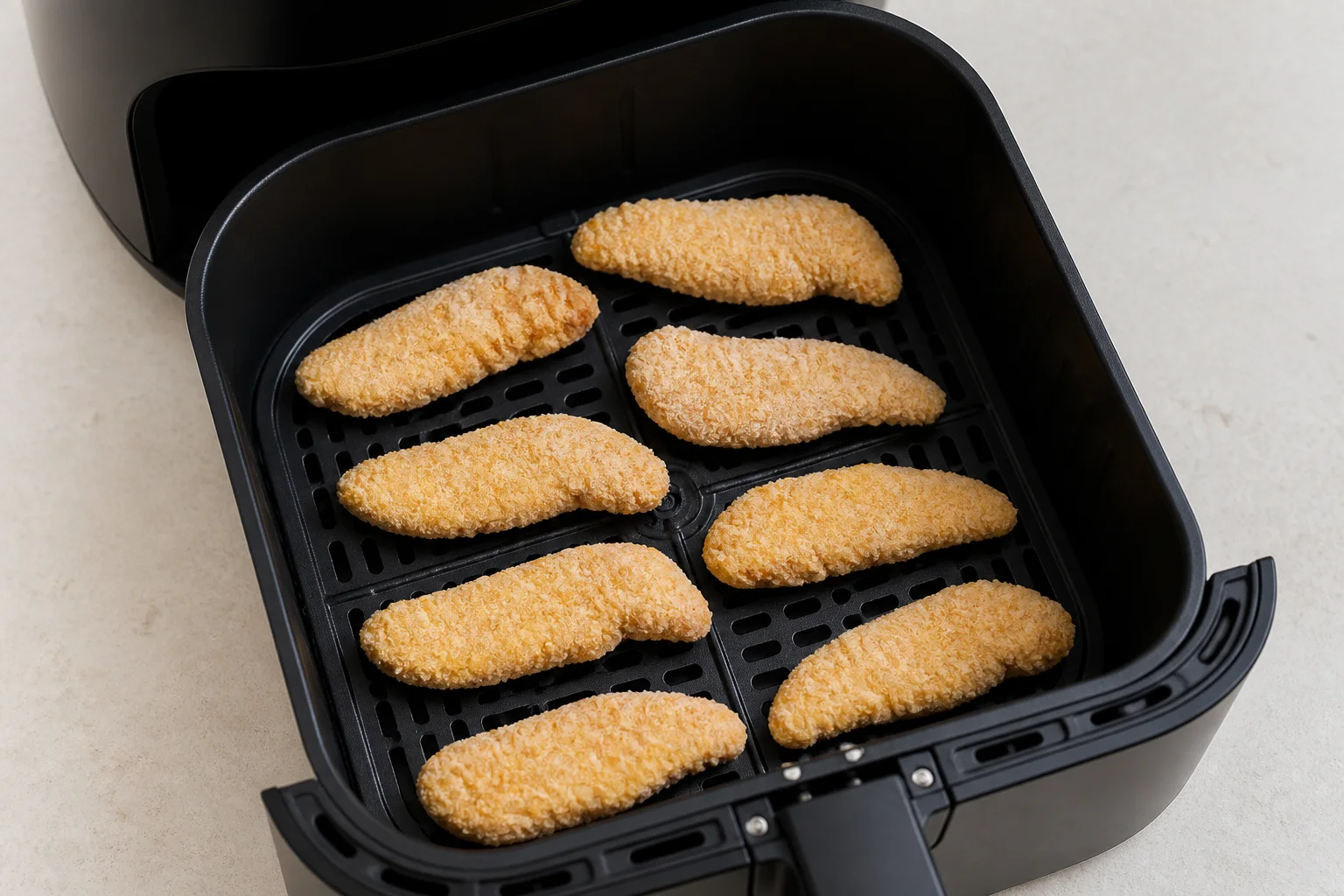 Frozen breaded chicken tenders arranged without overlap in an air fryer basket