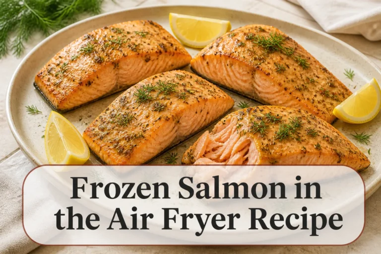 Air fryer salmon with title reading Frozen Salmon in the Air Fryer Recipe