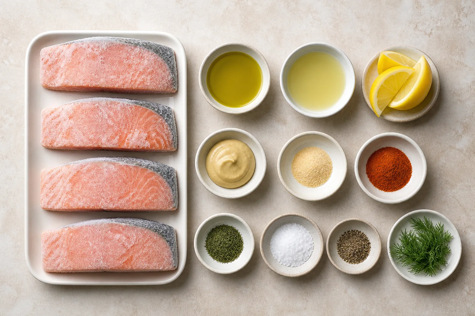 Four frozen salmon fillets with oil, lemon, Dijon, garlic, paprika, dill, salt and pepper