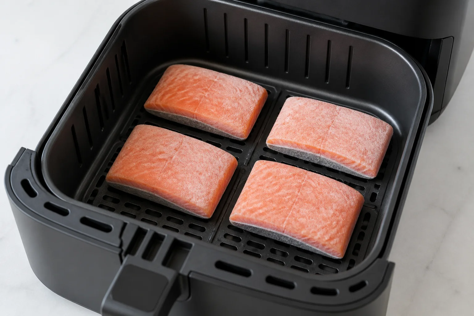 Four frozen salmon fillets arranged skin side down in a single layer in an air fryer basket