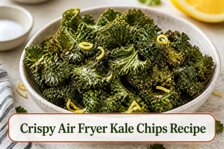 Crisp curly kale chips piled in a speckled stoneware bowl with visible airy texture, a few lemon curls and scattered fine salt.; title text reads Crispy Air Fryer Kale Chips Recipe