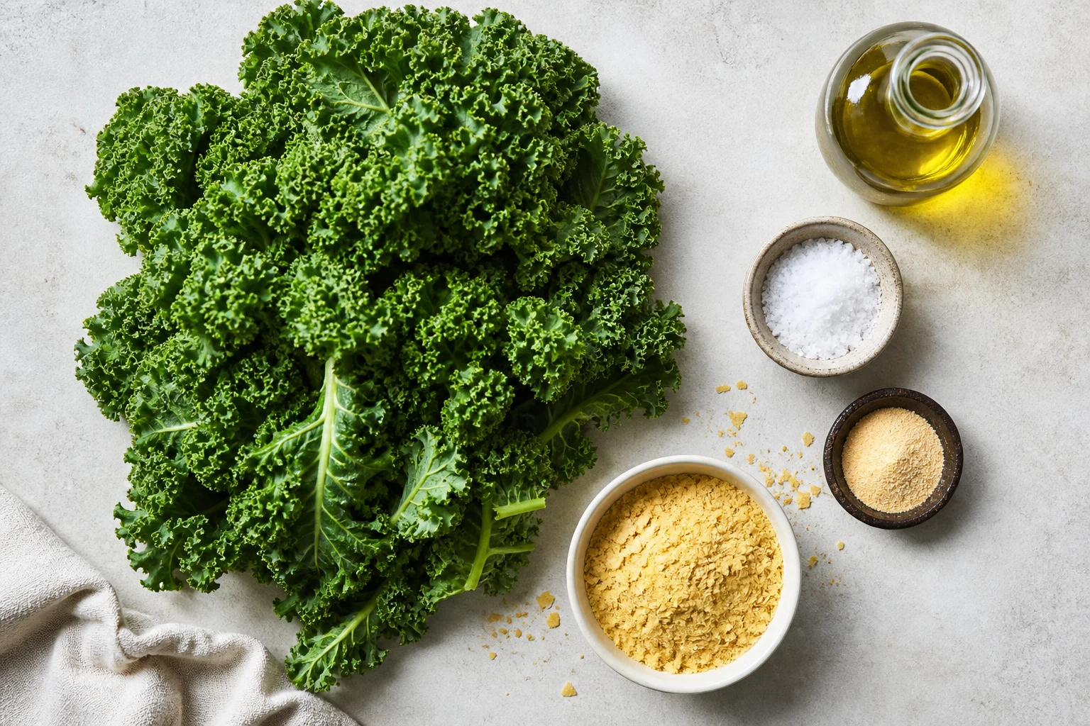 Fresh curly kale, olive oil, fine salt, garlic powder and nutritional yeast arranged on a light neutral counter.