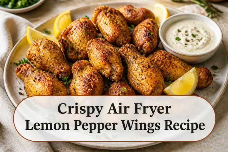Lemon pepper wings with title reading Crispy Air Fryer Lemon Pepper Wings Recipe