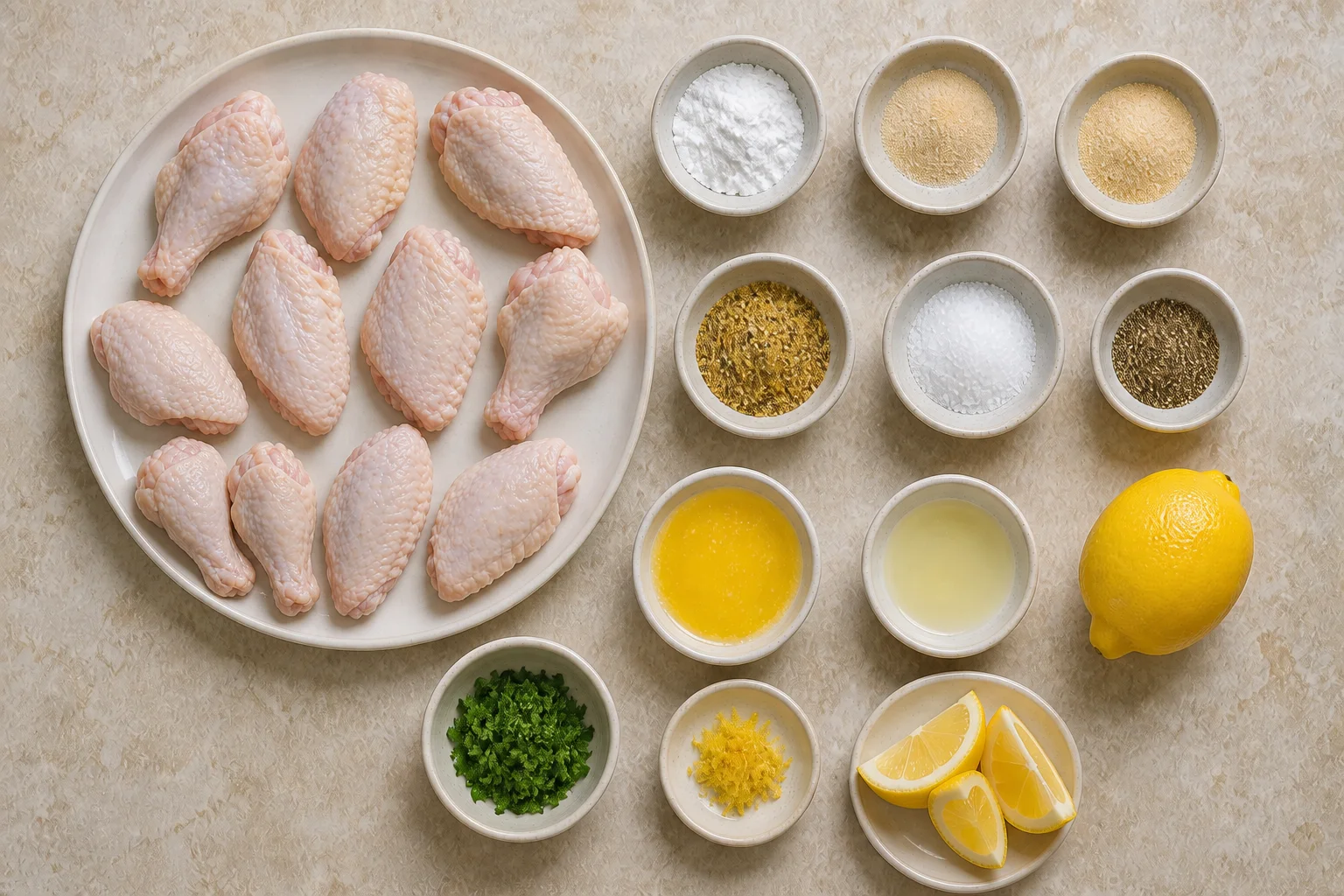 Chicken wings, baking powder, lemon pepper, garlic, onion, butter, lemon, salt and pepper
