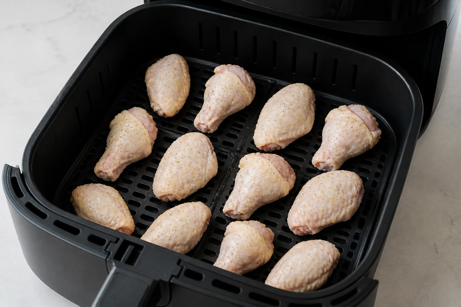 Twelve dry-seasoned chicken wing flats and drumettes arranged in one layer in an air fryer basket