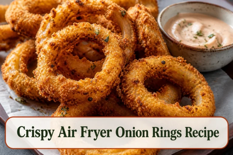Crispy golden panko onion rings stacked loosely on parchment with a small bowl of creamy dip, visible craggy texture and tender onion.; title text reads Crispy Air Fryer Onion Rings Recipe