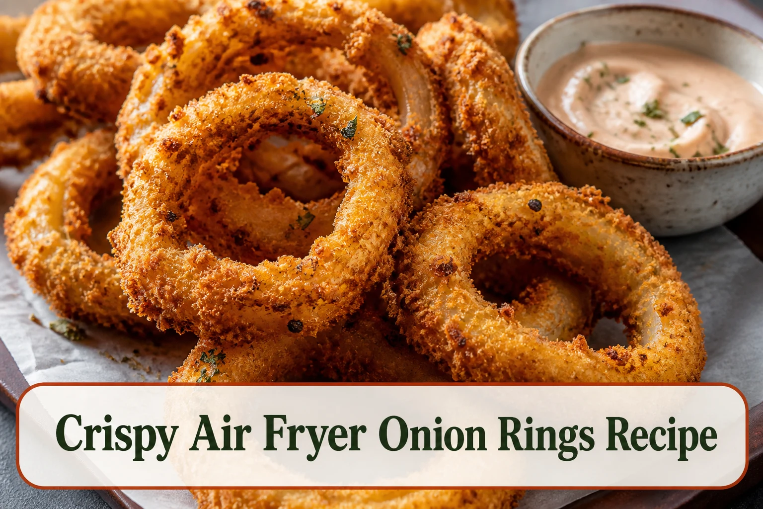 Crispy golden panko onion rings stacked loosely on parchment with a small bowl of creamy dip, visible craggy texture and tender onion.; title text reads Crispy Air Fryer Onion Rings Recipe