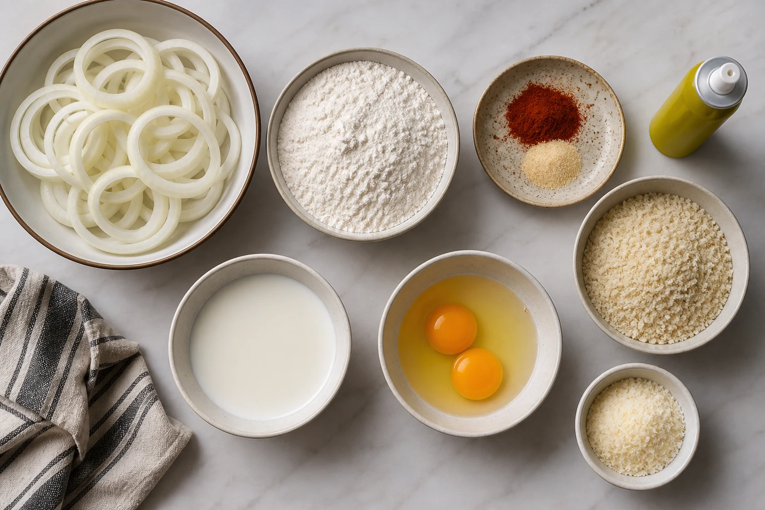 Sweet onion rings, flour, paprika, garlic powder, eggs, milk, panko, Parmesan and oil spray in a tidy breading station.