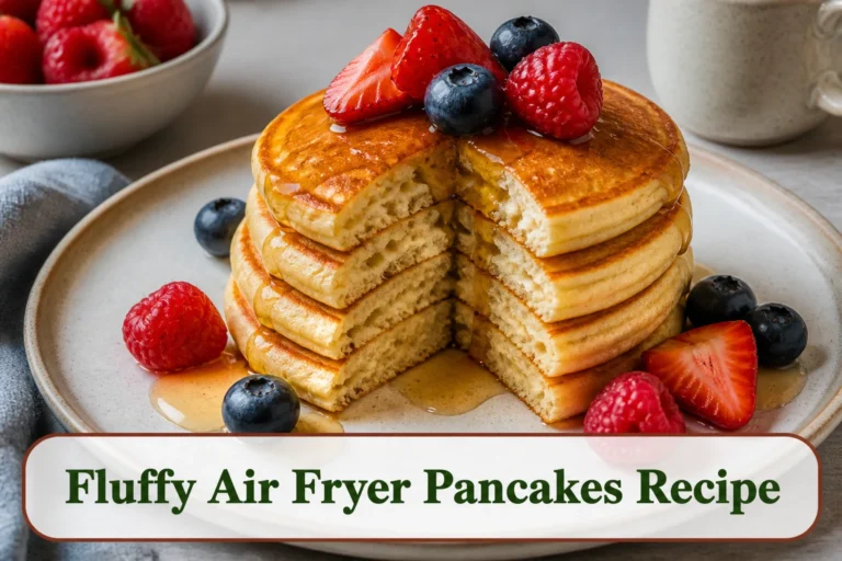 Stack of small thick air-fryer pancakes with berries and a light maple drizzle, tender cut edge visible, natural breakfast styling.; title text reads Fluffy Air Fryer Pancakes Recipe
