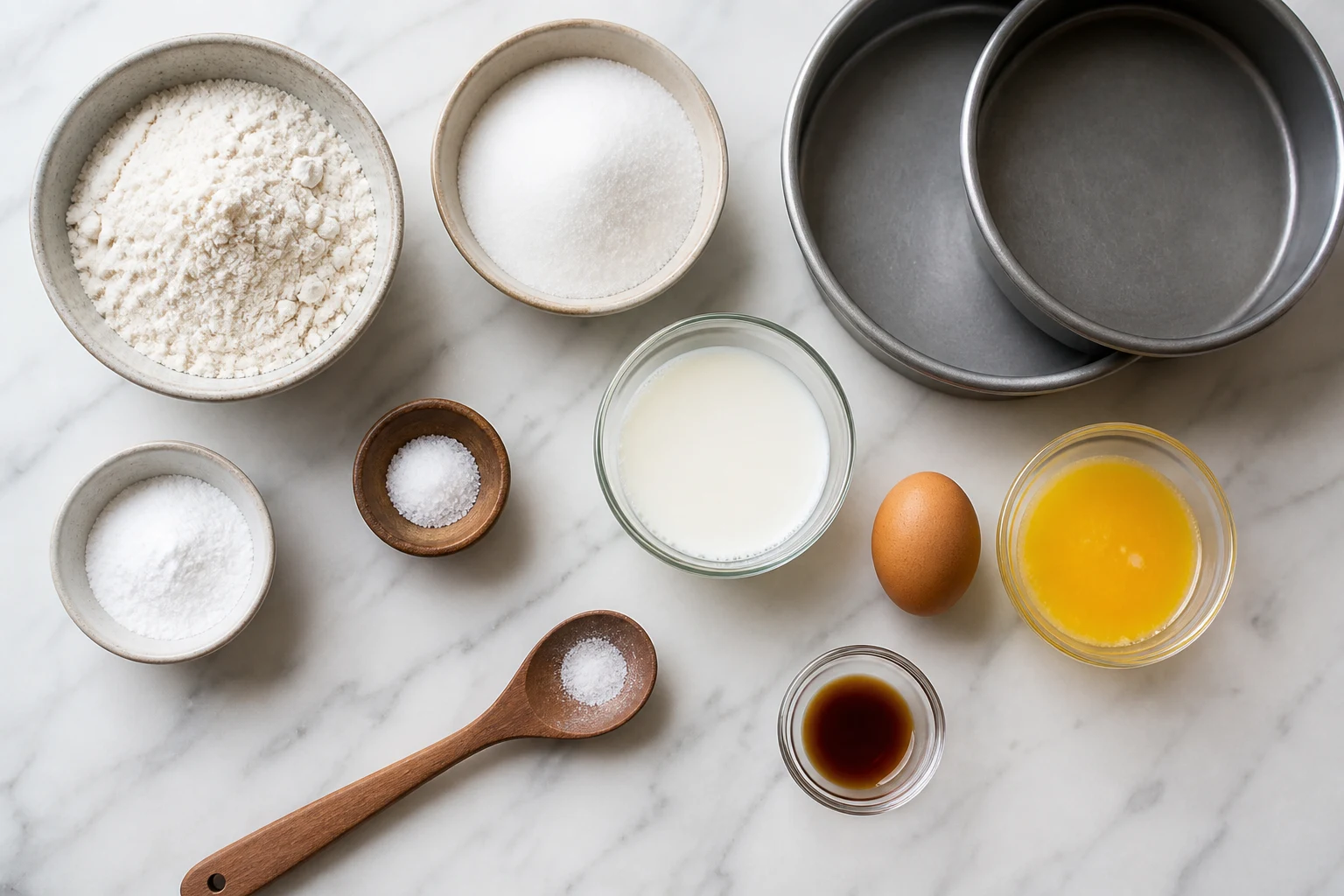 Flour, baking powder, sugar, salt, milk, egg, melted butter and vanilla with two small round pans.