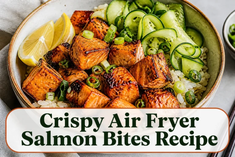 Glossy browned salmon cubes in a shallow ceramic bowl with rice, cucumber ribbons, scallions and lemon; appetizing natural texture and realistic charred edges.; title text reads Crispy Air Fryer Salmon Bites Recipe