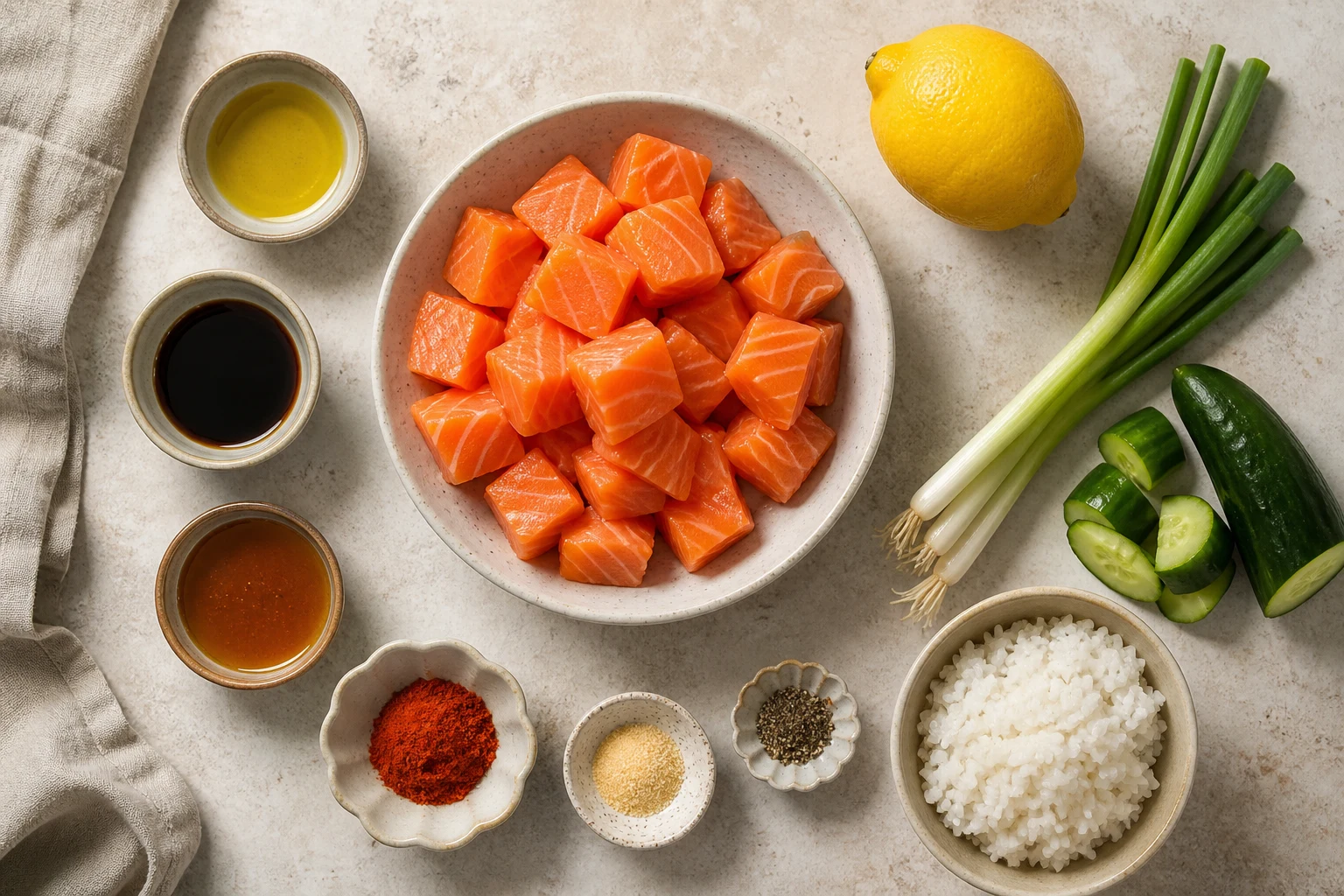 Raw salmon cubes, avocado oil, soy sauce, honey, smoked paprika, garlic powder, pepper and lemon arranged neatly on warm stone.