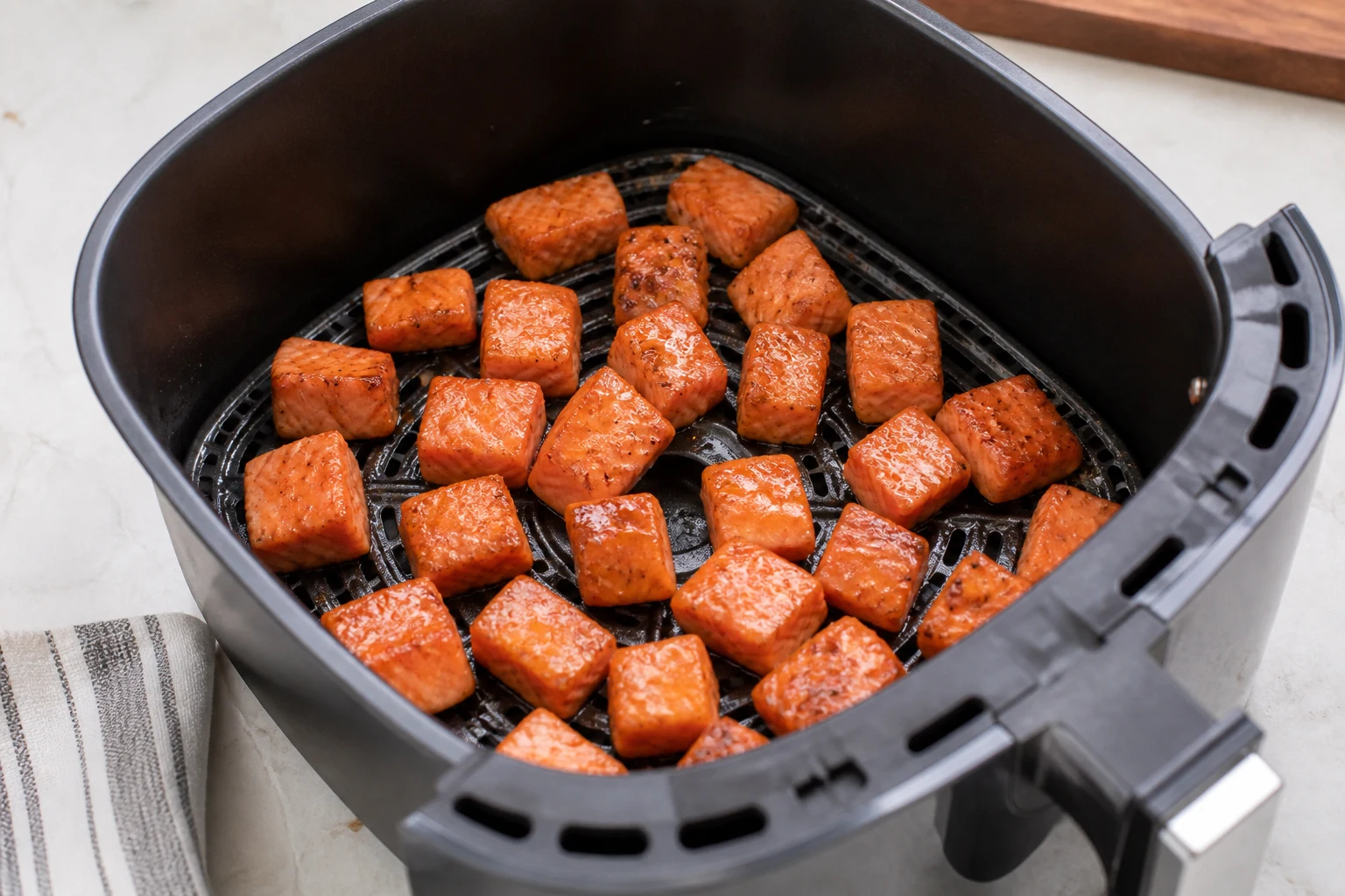 Seasoned salmon cubes spaced in a single layer inside an air-fryer basket, some pieces just beginning to caramelize.