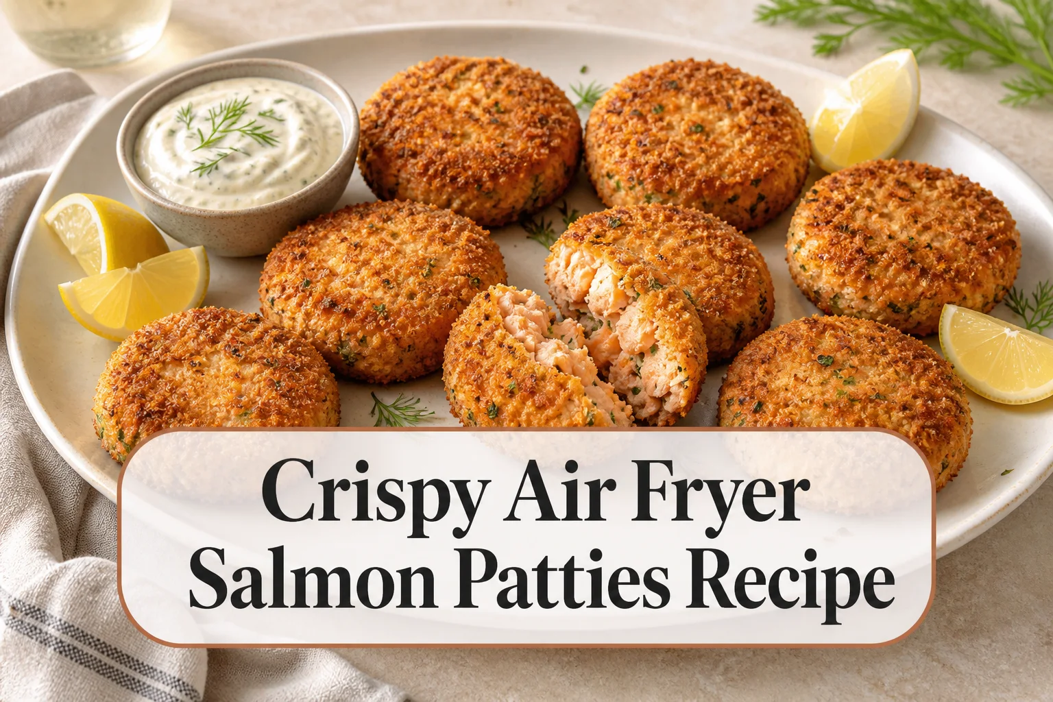Salmon patties with title reading Crispy Air Fryer Salmon Patties Recipe