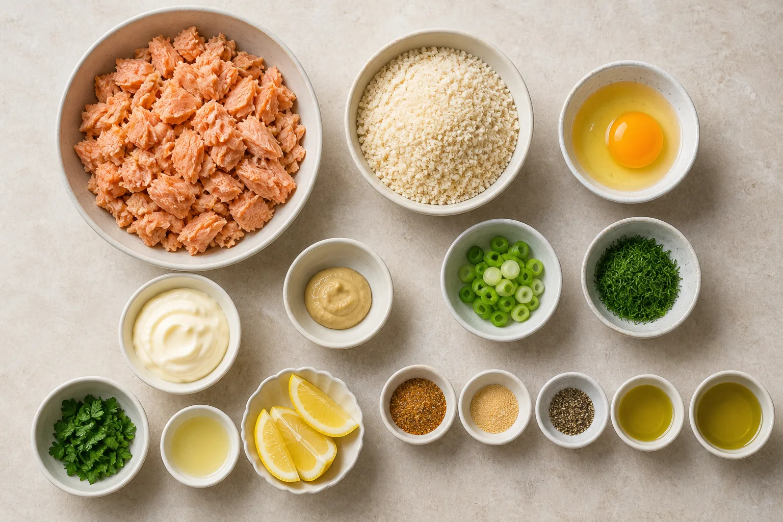 Flaked canned salmon, panko, egg, mayonnaise, Dijon, green onion, herbs, lemon and spices