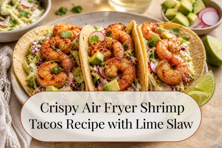 Shrimp tacos with cabbage slaw and title reading Crispy Air Fryer Shrimp Tacos Recipe with Lime Slaw