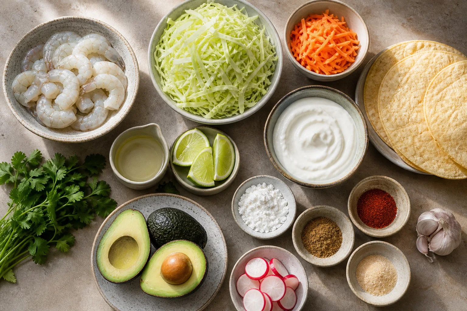 Raw shrimp, cabbage, carrots, corn tortillas, Greek yogurt, lime and taco seasonings arranged on a stone counter