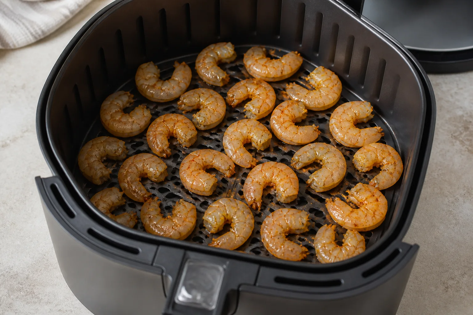Spiced raw shrimp spaced in a single layer inside an air fryer basket