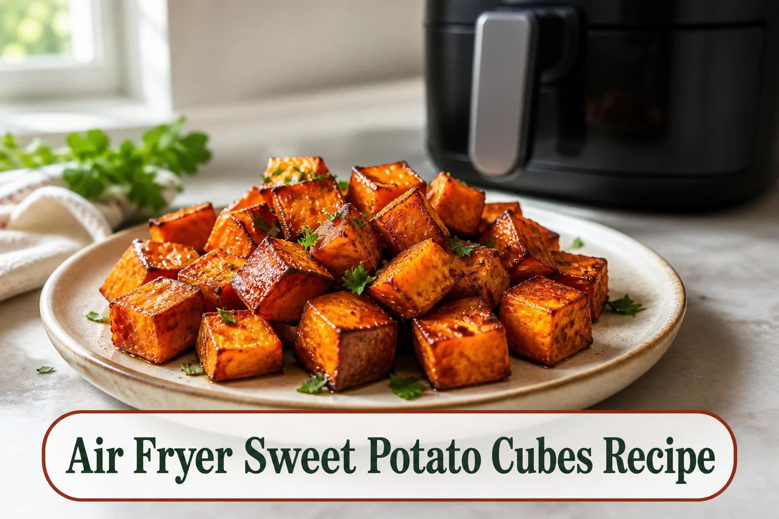 Caramelized air fryer sweet potato cubes on a matte cream plate with browned corners, fluffy orange centers, parsley and a tiny maple sheen, air fryer softly blurred behind. The lower title bubble reads Air Fryer Sweet Potato Cubes Recipe.