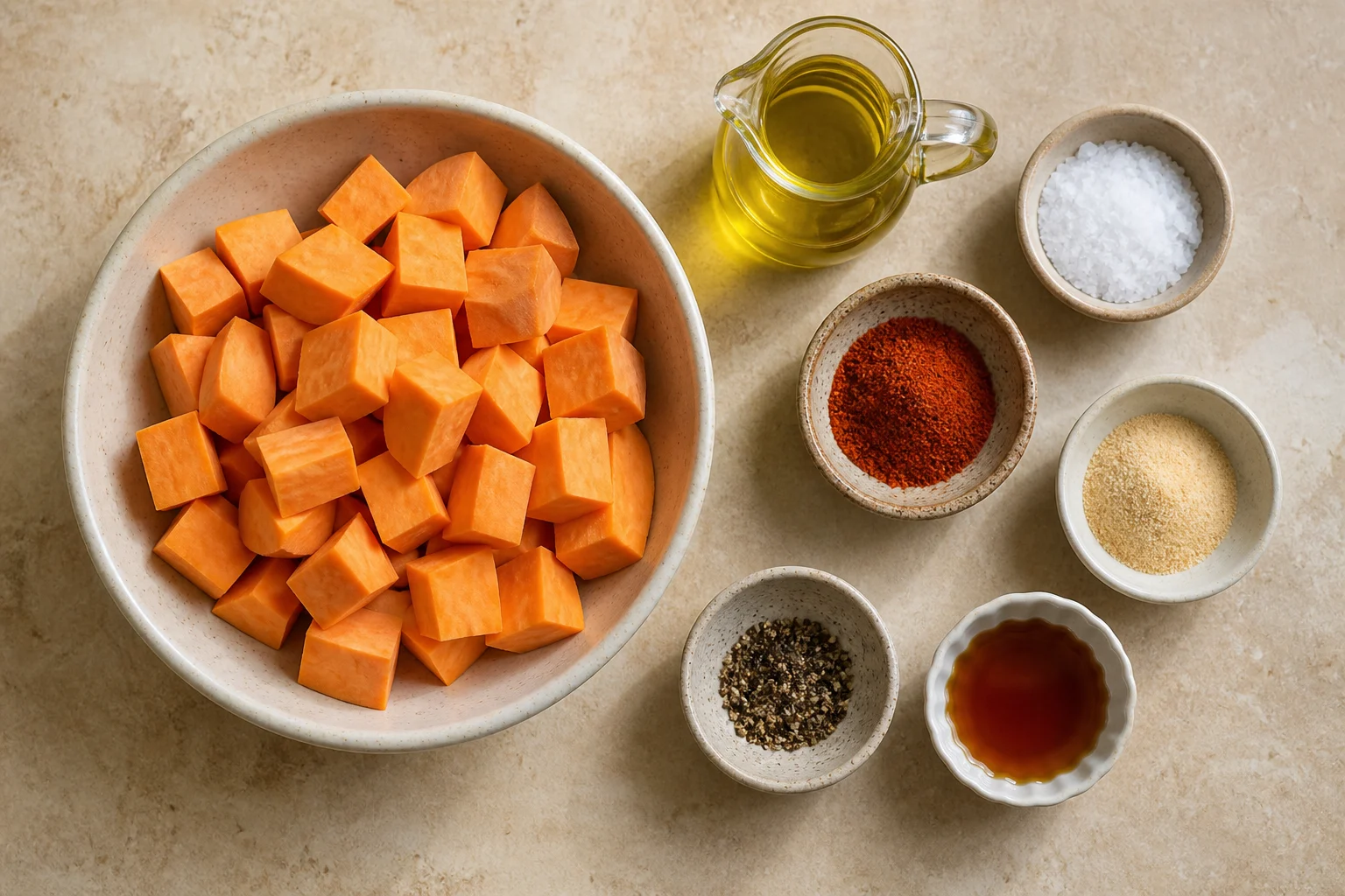 Peeled sweet potato cubes, olive oil, kosher salt, smoked paprika, garlic powder, black pepper and a small measured dish of maple syrup arranged overhead.