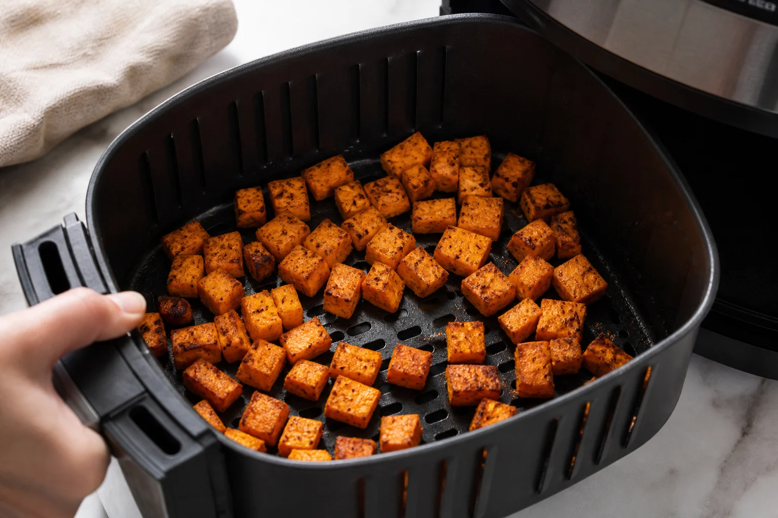 Three-quarter-inch seasoned sweet potato cubes in a realistic air-fryer basket after one shake, with visible space and a mix of browned and still-orange surfaces.