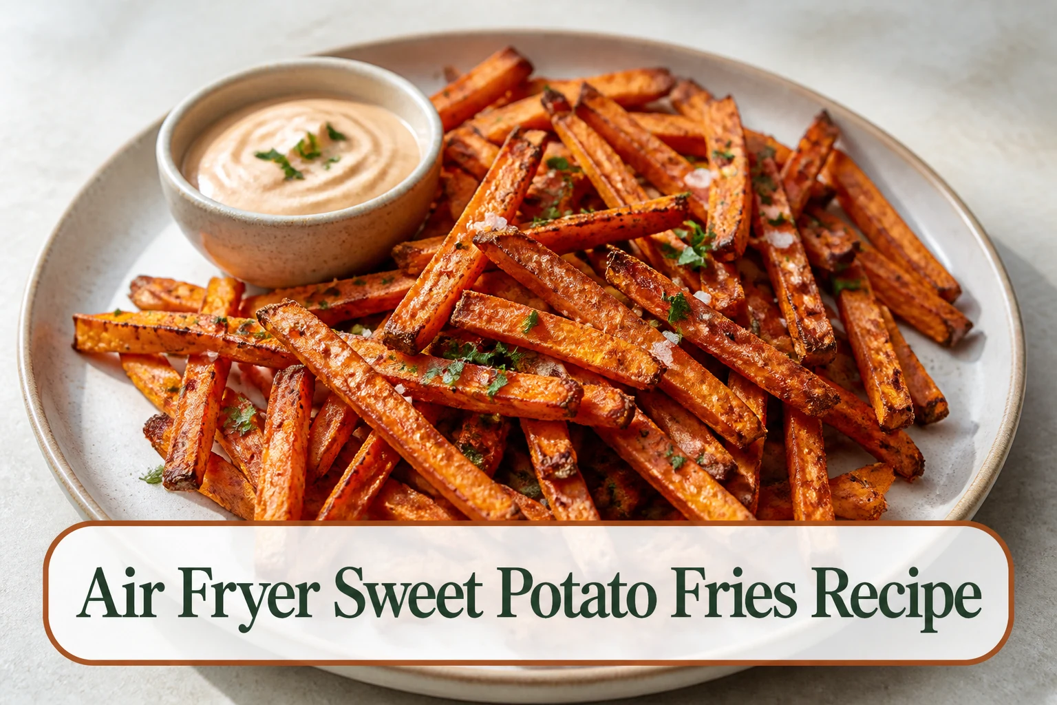 Air fryer sweet potato fries on a matte cream plate, slim orange batons with browned blistered edges, flaky salt and parsley, small dipping bowl and realistic tender centers. The lower title bubble reads Air Fryer Sweet Potato Fries Recipe.