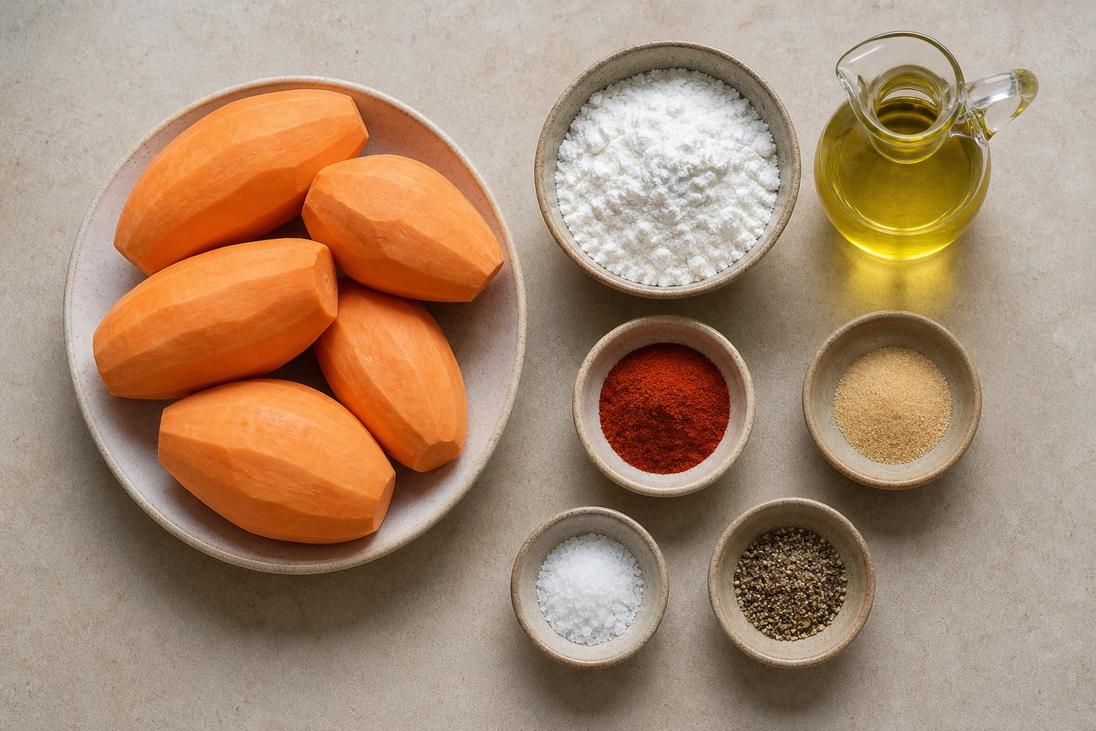 Peeled sweet potatoes, cornstarch, avocado oil, smoked paprika, garlic powder, kosher salt and black pepper in realistic measured quantities overhead.
