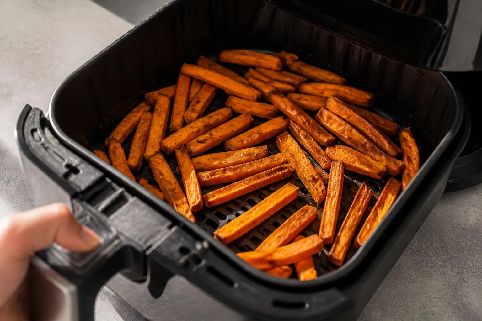 Quarter-inch sweet potato batons in a realistic air-fryer basket after a shake, visibly spaced with a mix of golden edges and orange centers.
