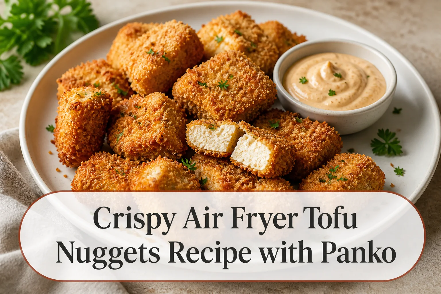 Crispy panko tofu nuggets with title reading Crispy Air Fryer Tofu Nuggets Recipe with Panko