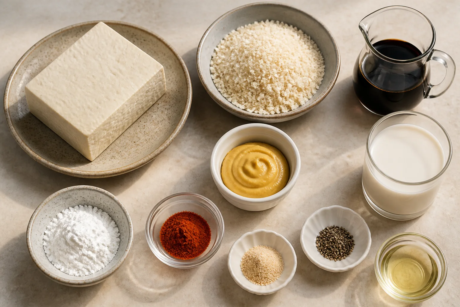 Extra-firm tofu, panko, cornstarch, soy sauce, Dijon mustard and seasonings arranged on a stone counter