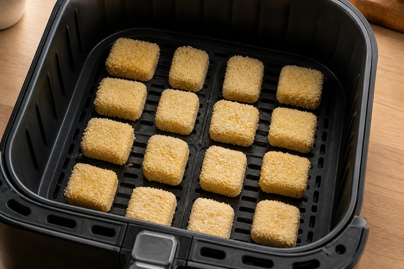 Uncooked panko-coated tofu nuggets spaced apart in a single layer in an air fryer basket