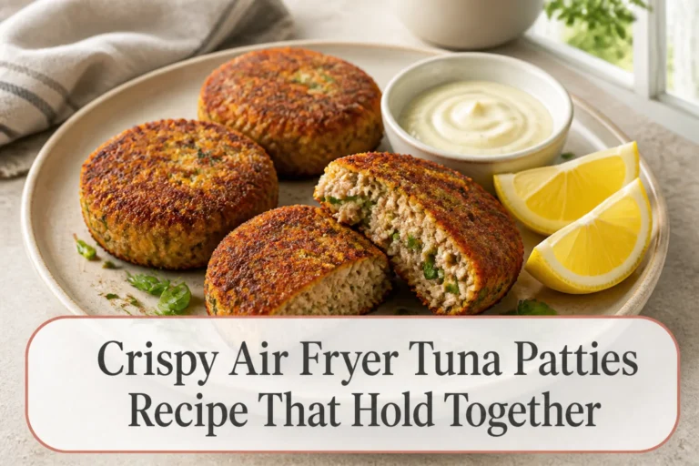 Golden tuna patties with title reading Crispy Air Fryer Tuna Patties Recipe That Hold Together