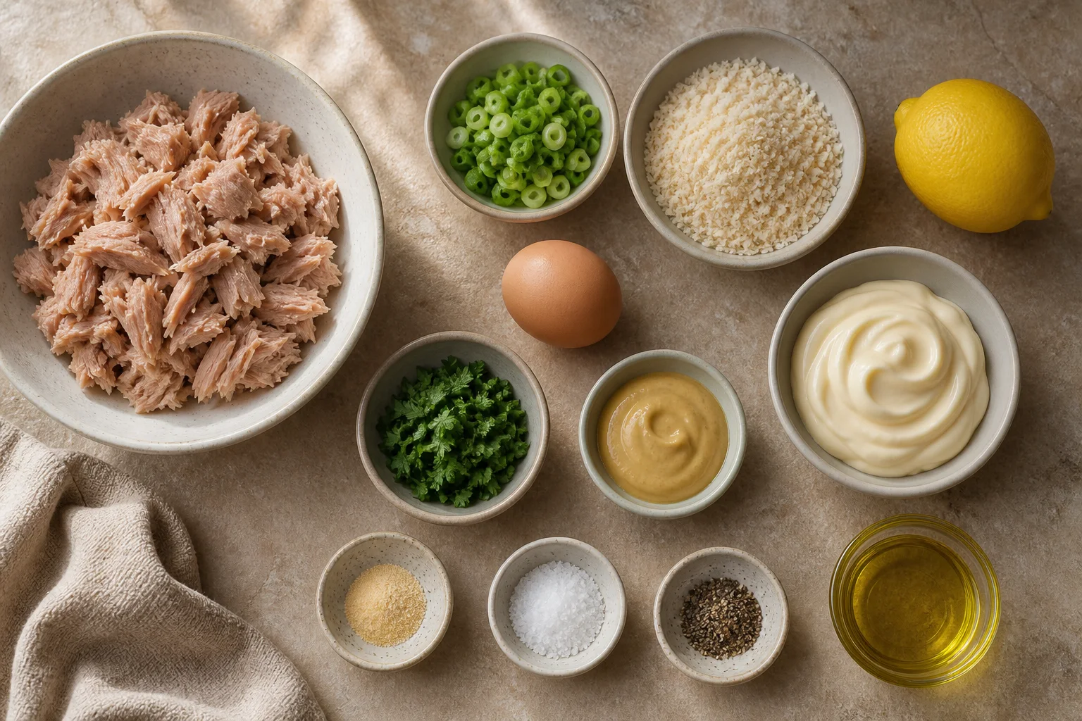 Drained canned tuna, egg, panko, mayonnaise, Dijon, green onion, parsley, lemon and seasonings on a stone counter