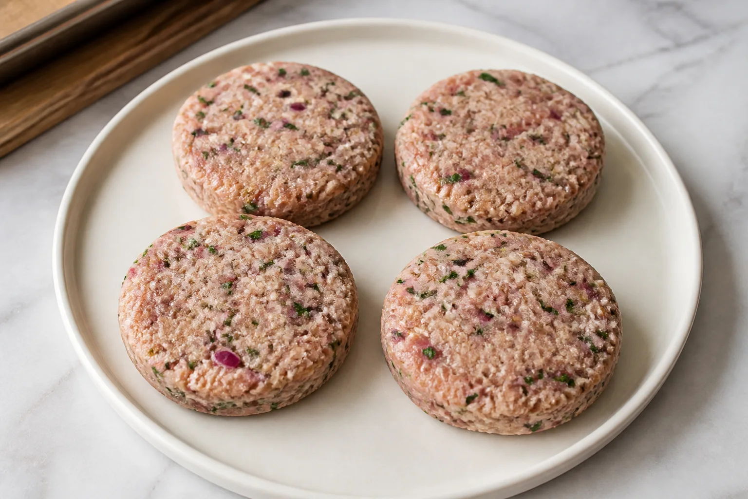 Four evenly shaped uncooked tuna patties on a plain plate ready to chill