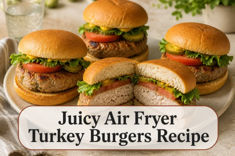 Air fryer turkey burgers with title reading Juicy Air Fryer Turkey Burgers Recipe