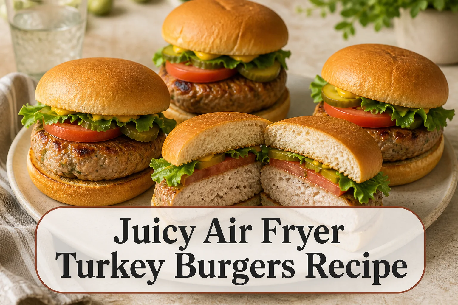 Air fryer turkey burgers with title reading Juicy Air Fryer Turkey Burgers Recipe