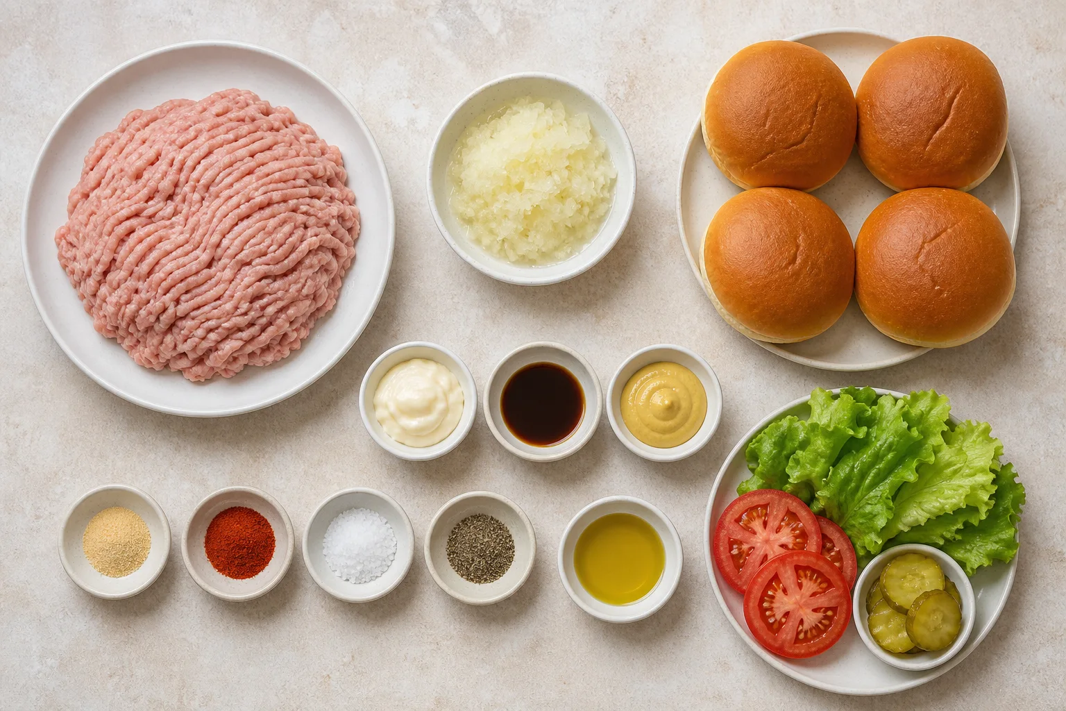 Ground turkey, grated onion, mayonnaise, Worcestershire, Dijon and spices for air fryer turkey burgers