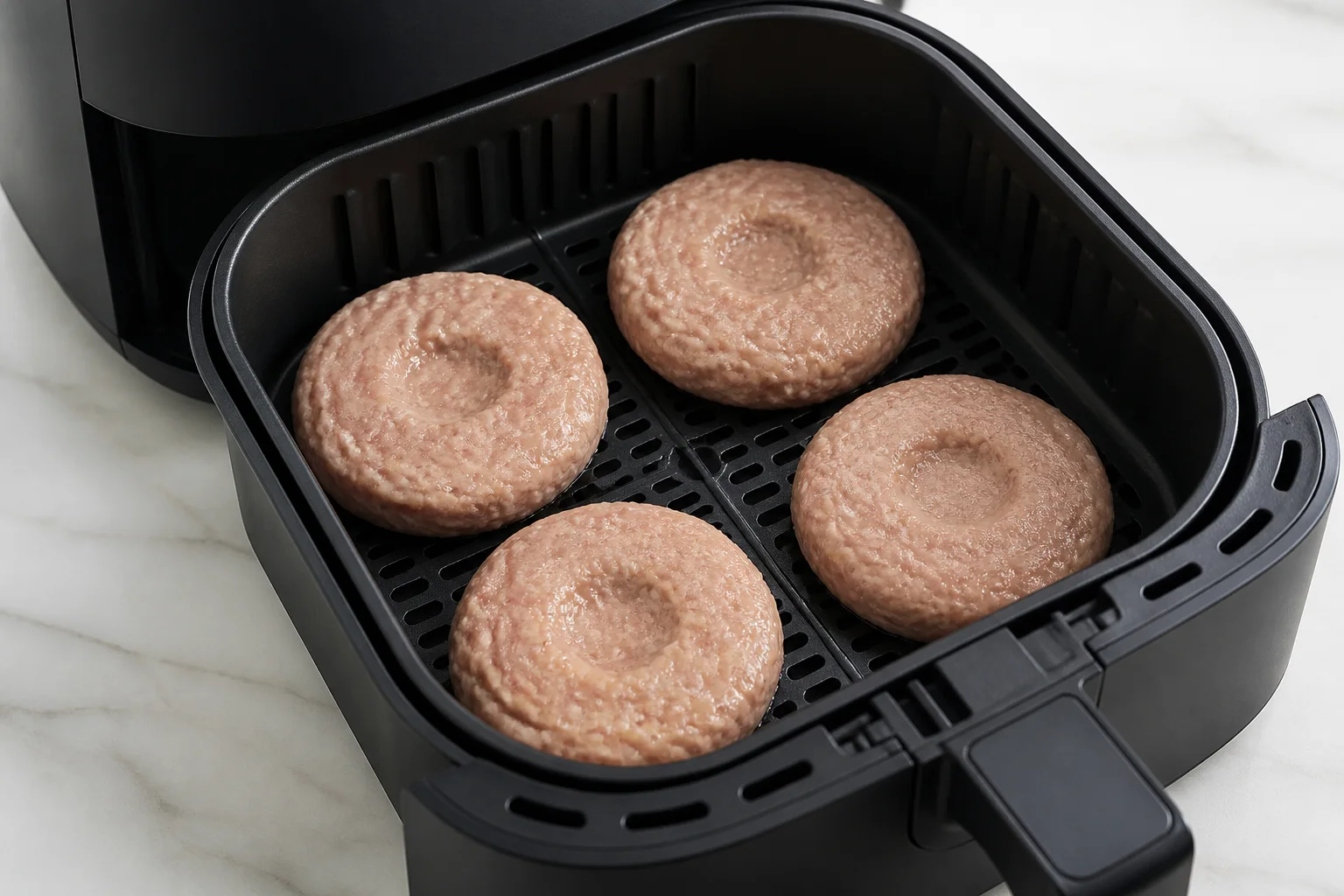 Four raw turkey burger patties with center indentations arranged separately in an air fryer basket