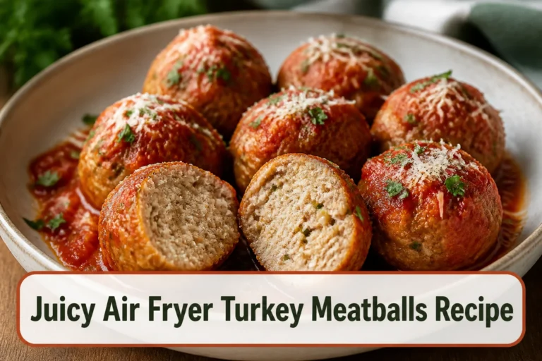 Golden air-fried turkey meatballs with marinara, parsley and grated Parmesan in a shallow ceramic bowl, one meatball cut open to show moisture.; title text reads Juicy Air Fryer Turkey Meatballs Recipe