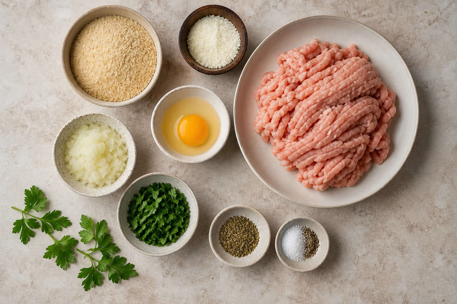 Ground turkey, breadcrumbs, Parmesan, egg, grated onion, garlic, parsley, oregano, salt and pepper arranged on neutral stone.