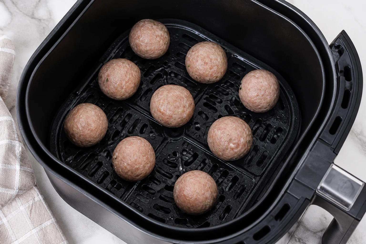 Uniform raw turkey meatballs spaced apart in a lightly oiled air-fryer basket.